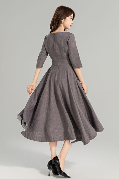 Taupe Grey Linen Swing Dress – Vintage Fit and Flare Midi Dress with Pockets 4961