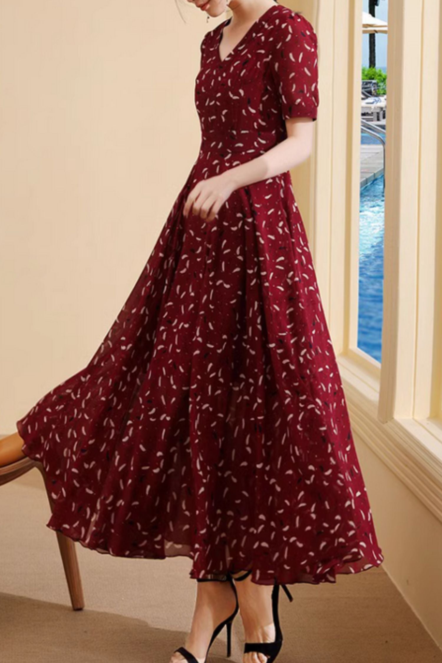 burgundy chiffon maxi dress Eshara Maxi Dress in Chiffon Satin Burgundy , Asymmetric