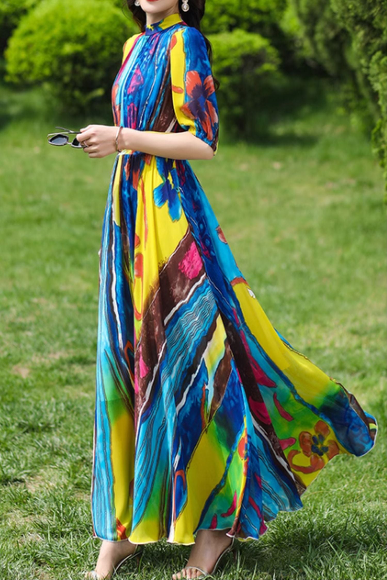 Printed Chiffon Maxi Dress - Fitted Waist, Elbow Sleeve 5001