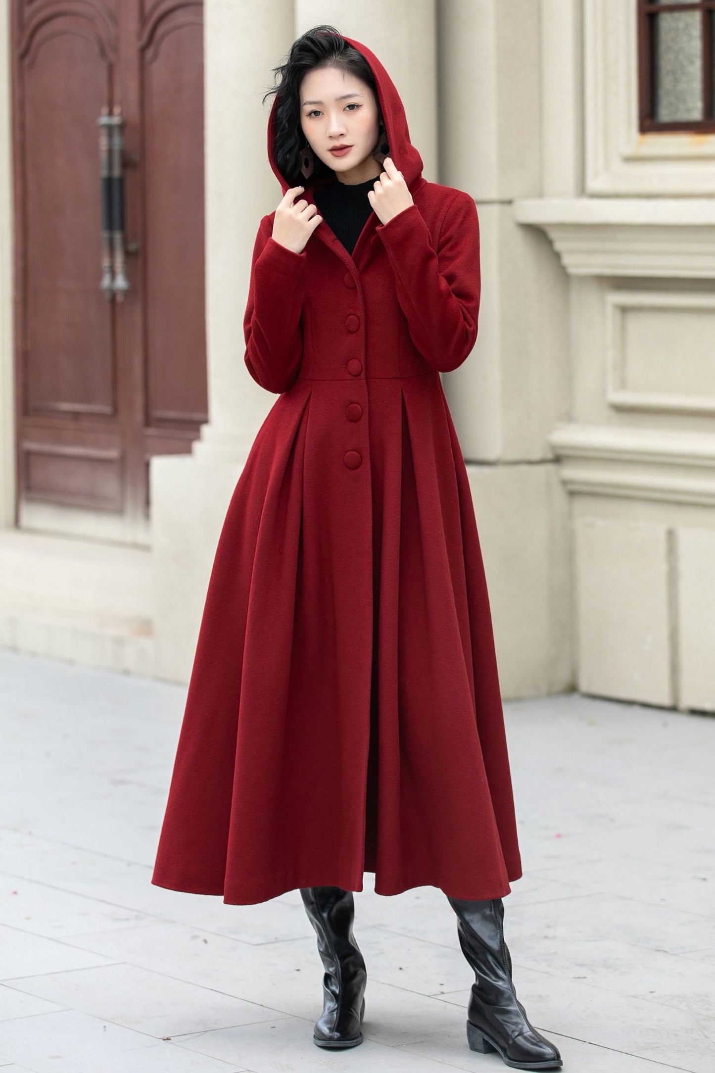 Long swing red winter wool coat women 5346