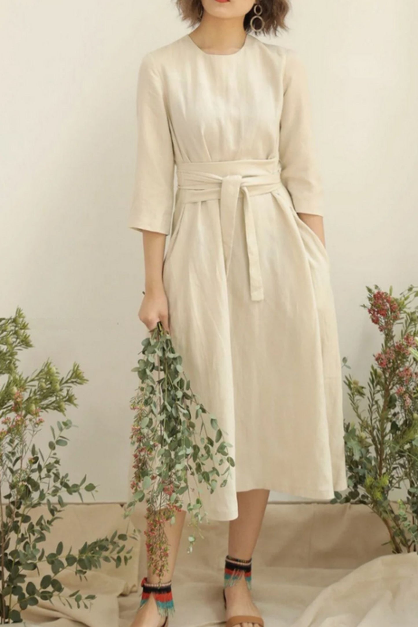 Womens spring linen dress with pockets HY0002