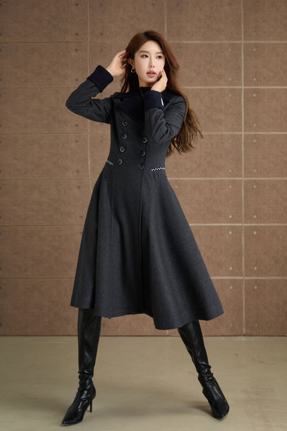Charcoal Wool Fit and Flare Coat - Elegant Lapel Collar 5366