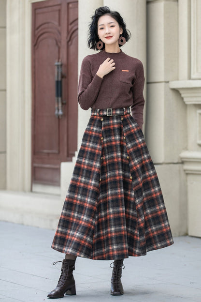 A line plaid midi wool skirt women 5355