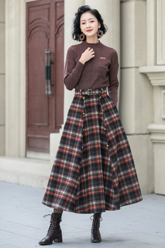 A line plaid midi wool skirt women 5355