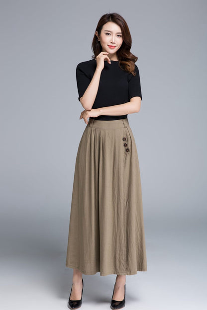Khaki long maxi skirt with pleated and button detail 1671