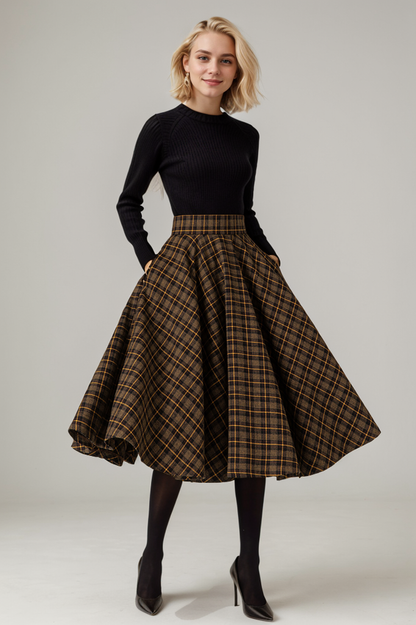 Brown Wool Midi Swing Skirt - High Waist A-Line Plaid 5329