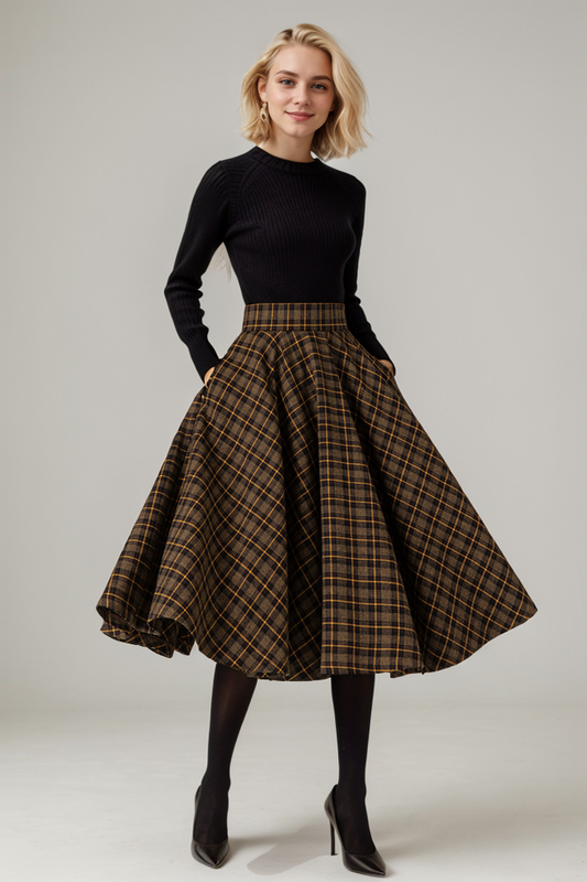 Midi Wool Plaid Swing Winter Skirt 5329