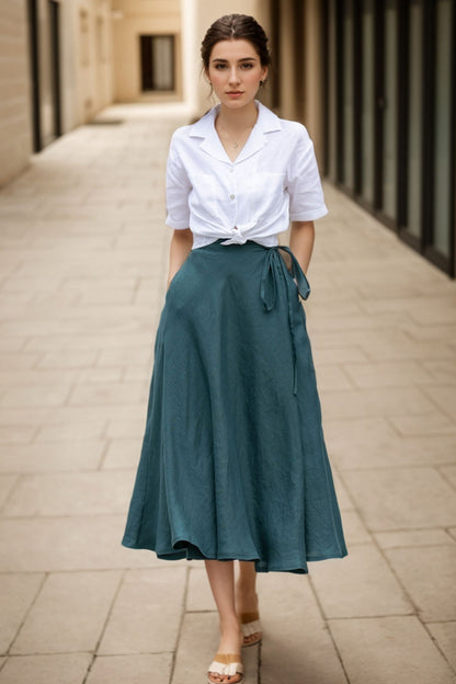 Green Linen Wrap Midi Skirt - Flowing Swing Silhouette 5137