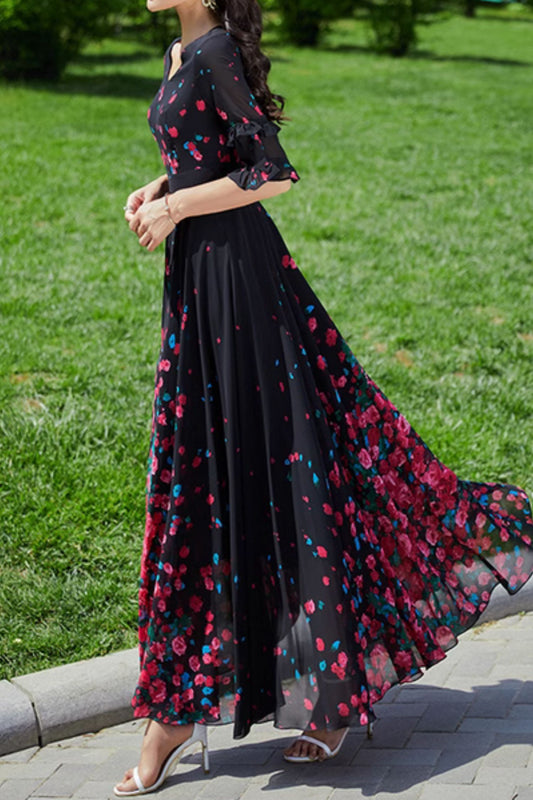 Floral printed black swing chiffon dresses 4989