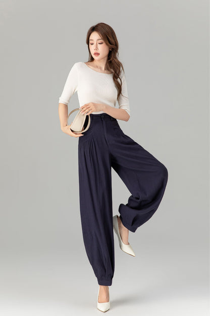 Navy loose fitting wide leg linen pants Handmade by Xiaolizi 5914