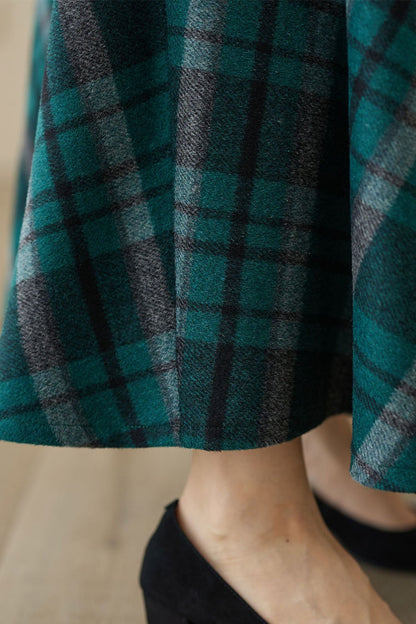 Handmade Deep Green Plaid Wool Maxi Skirt – High Waist A-line Winter Long Skirt | Xiaolizi 4628
