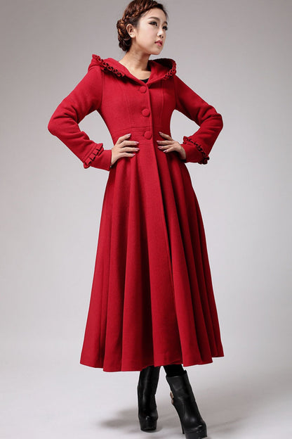 Red Wool Coat Maxi - Hooded Fit & Flare Silhouette 702