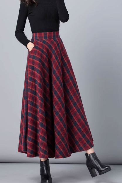 Plaid Wool A-Line Maxi Skirt - Vintage Winter Elegance 4674-2