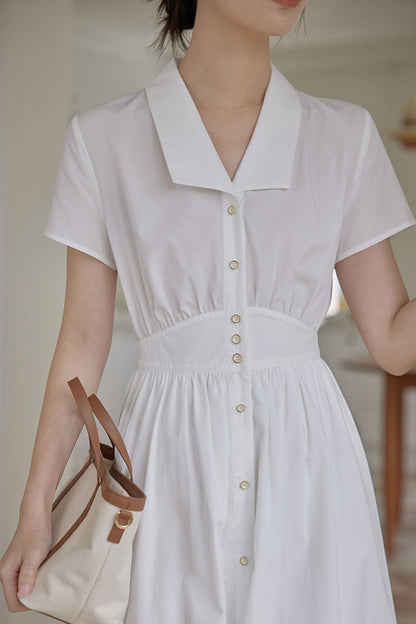 White Cotton Shirt Dress - Fitted Waist, Short Sleeve Summer Dress 4312