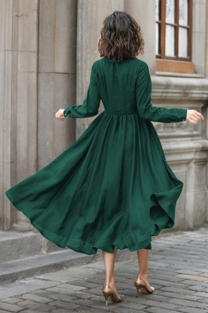Green Linen Fit and Flare Midi Dress - Collared Neck with Pockets 5750