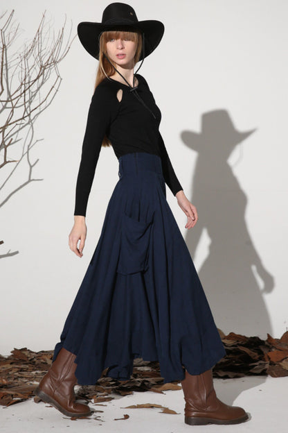 Navy Linen Maxi Skirt - Asymmetrical Ruffle Hem with Pockets 1157