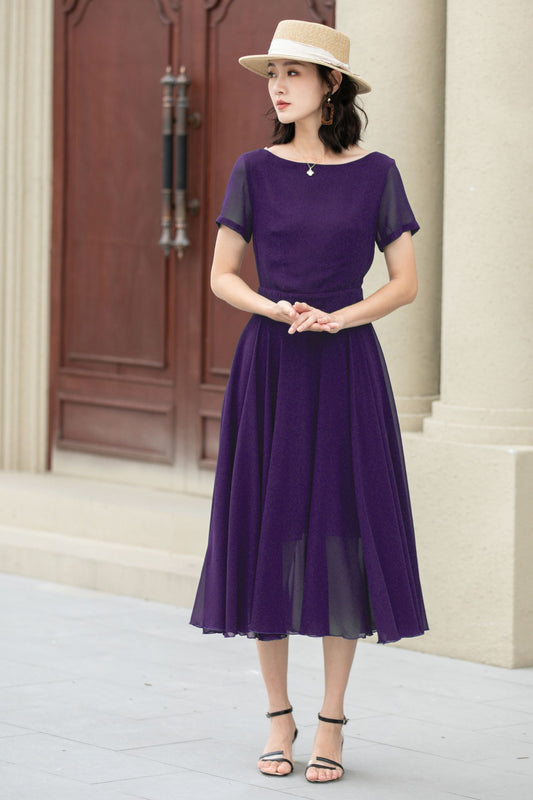 Midi fit and flare summer swing chiffon dress 6106