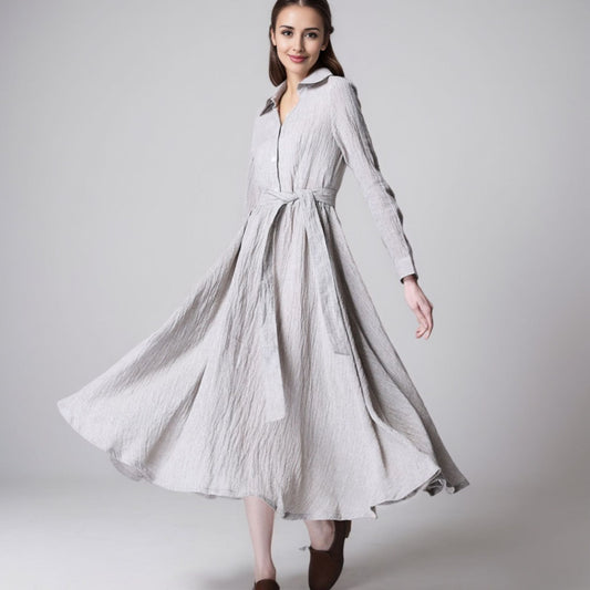 Gray Cotton-Linen Midi Shirt Dress 5511