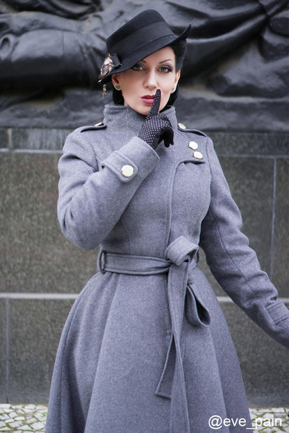 Grey Wool Coat - Tiered Hem, Self Tie Waist 2408