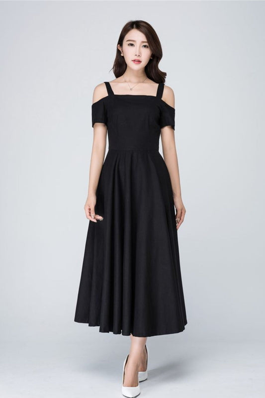 Vintage Off shoulder black linen Maxi dress 1576