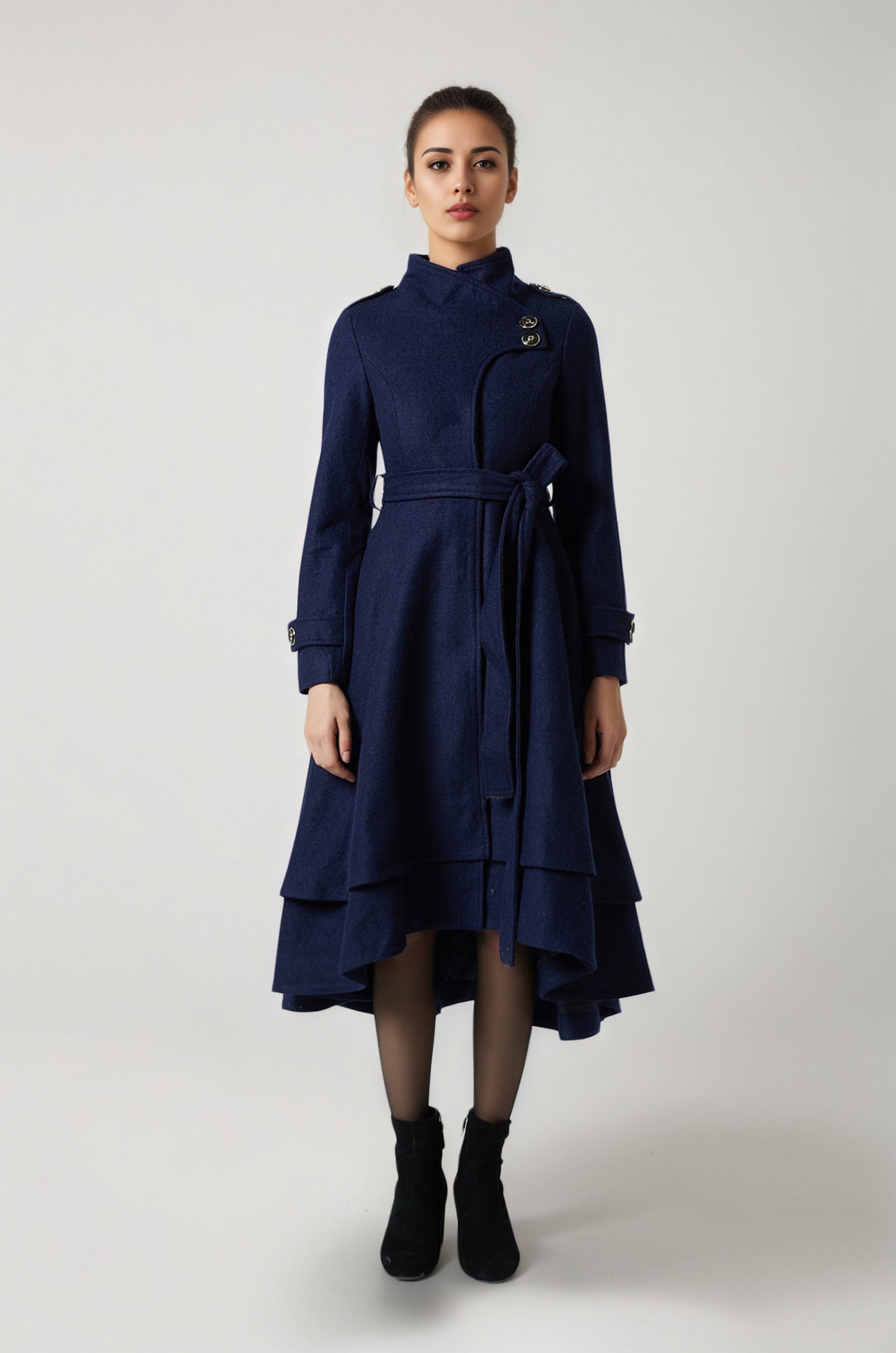 Handmade Navy Blue Wool Coat – Vintage Asymmetrical Hem Belted Winter Overcoat | Xiaolizi 6289