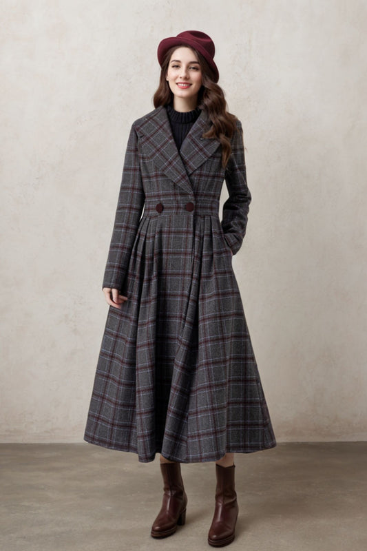 Classic Check Wool Coat – Handmade Double-Breasted A-Line Maxi | Xiaolizi 5267