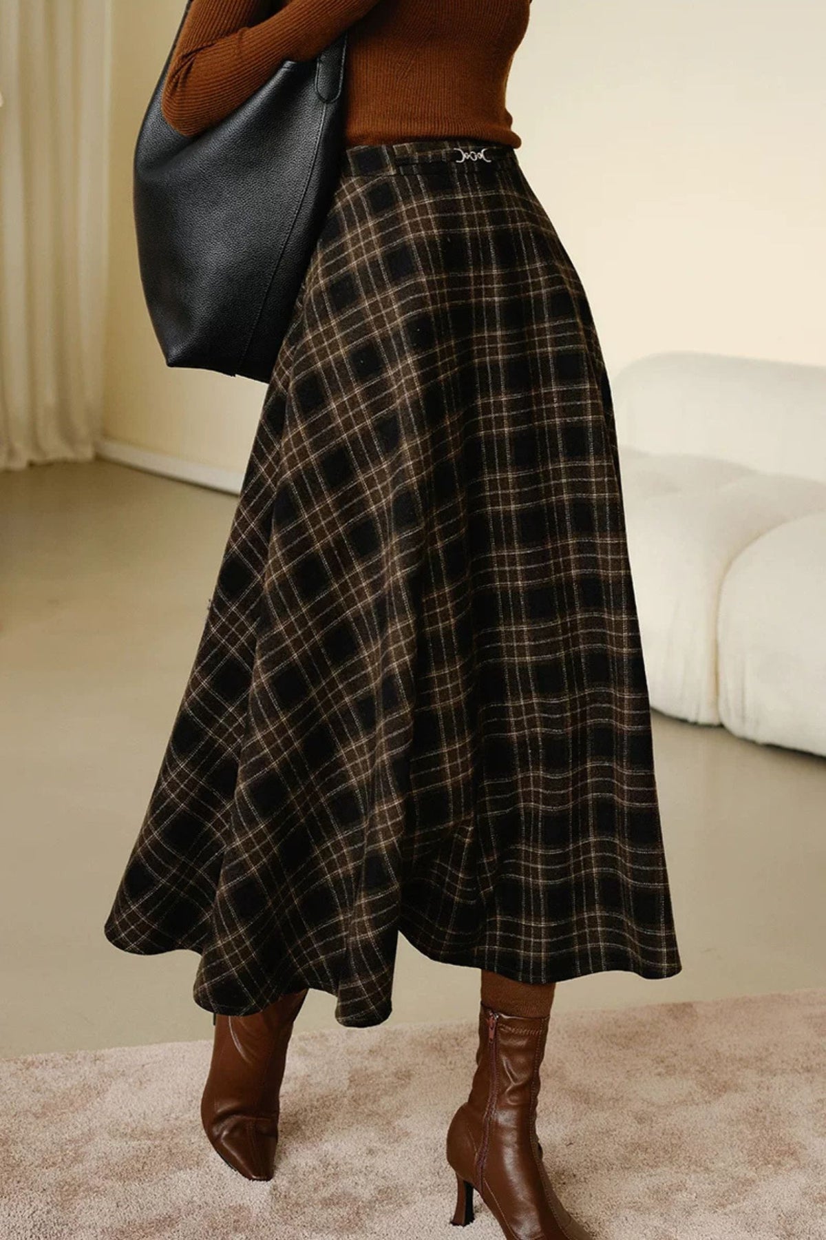 Brown Plaid Wool Blend Midi Skirt - Vintage A-Line women Skirt Winter 7020