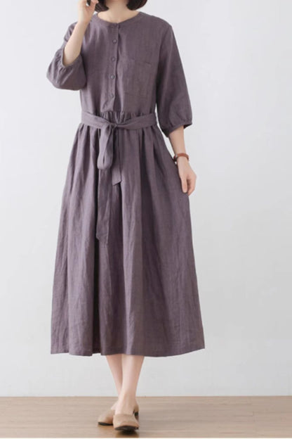 Purple Linen Midi Dress - Button Front with Tie Belt Waist 4832