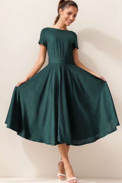 Green Linen Midi Dress - Fit and Flare, High Waist 5092