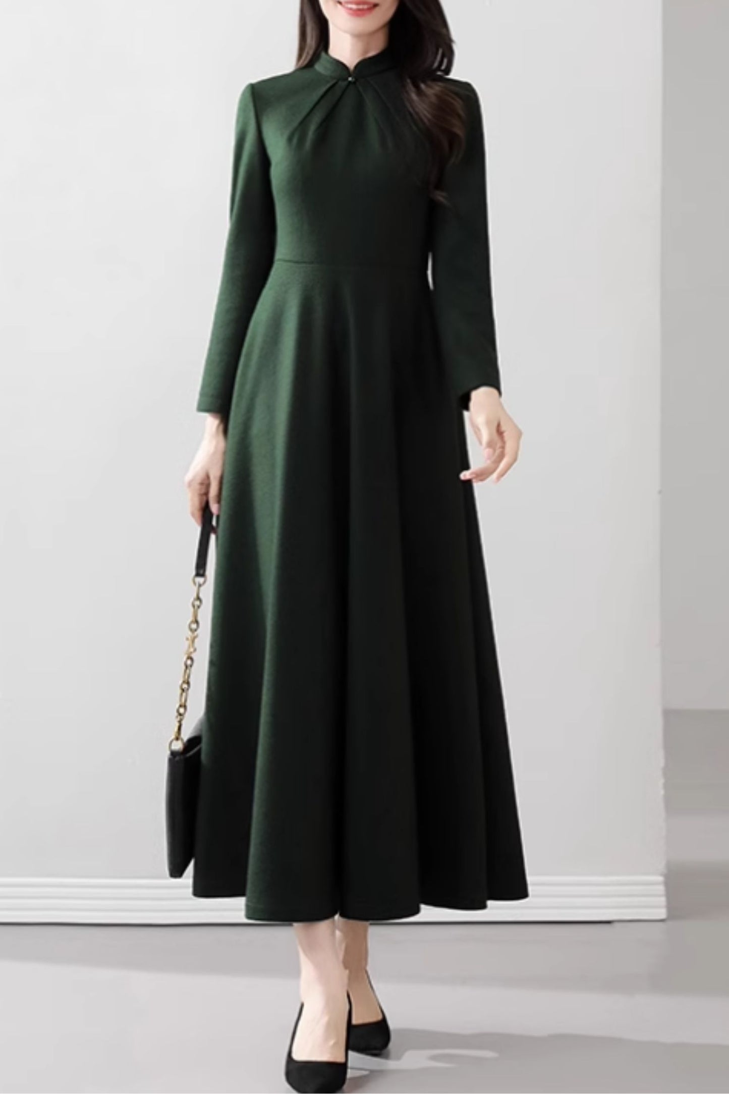 Green long wool dress with mandrain collar 5536