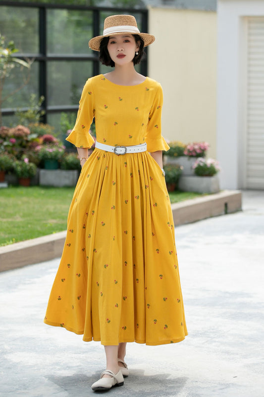 Floral Long spring Linen Dress 5985