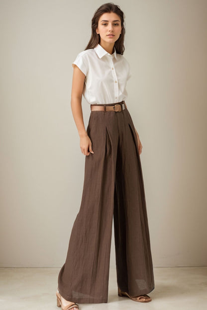 Brown Linen Wide-Leg Pants - High Waist Pleated Pockets | Xiaolizi 5125
