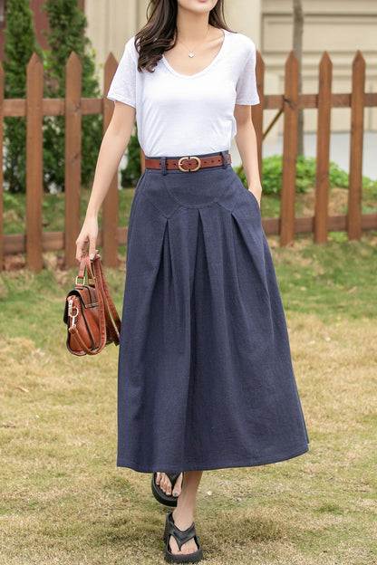 Blue long linen skirt with pockets 4943