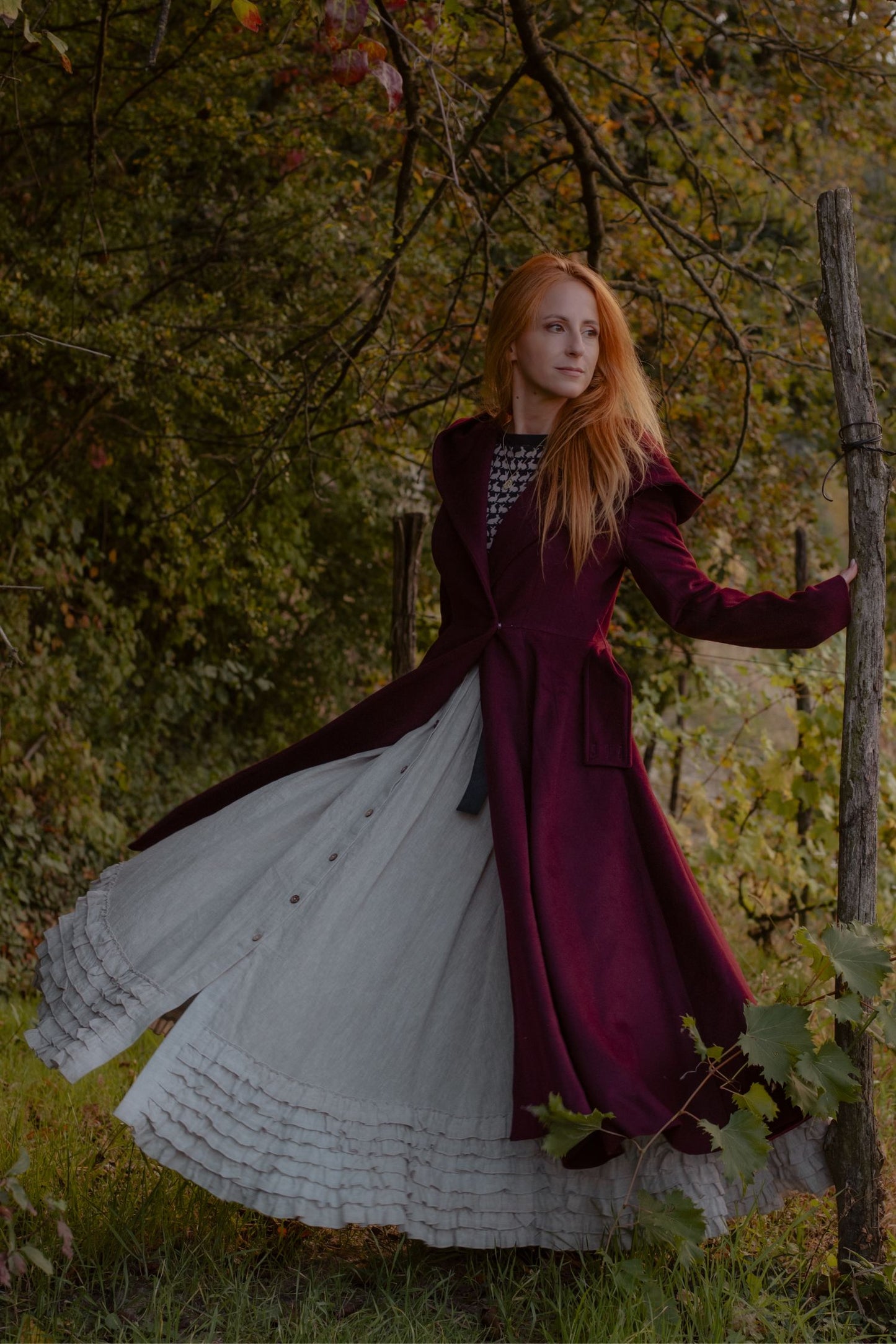 Burgundy Hooded Wool Coat – Handmade Long Belted Wool Winter Overcoat for Women 6546