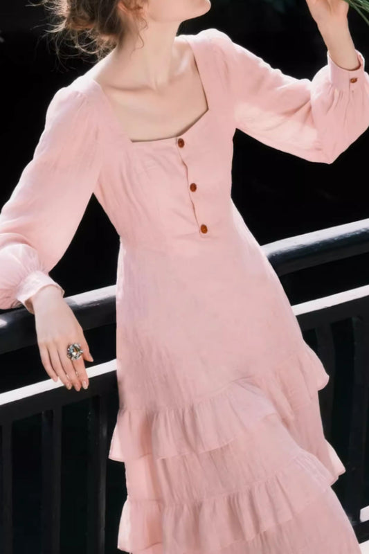 Pink Linen Midi Dress – Romantic Square Neck Button Front Summer Dress | Xiaolizi 6639