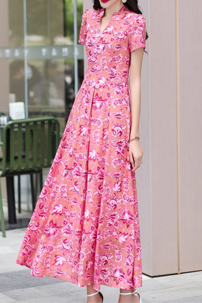 Pink Floral Chiffon Maxi Dress - V-Neck, Fitted Waist 5043