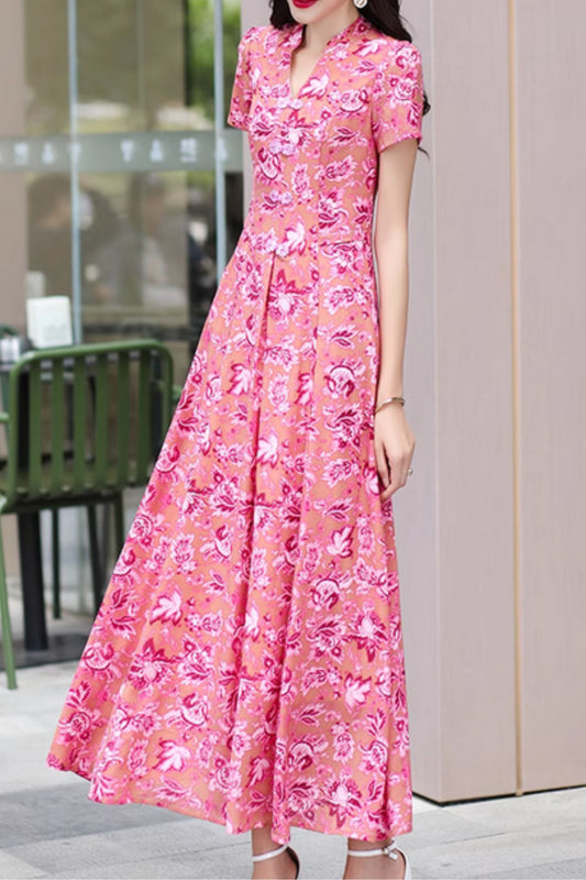 Pink flower printed maxi prom chiffon dress 5043