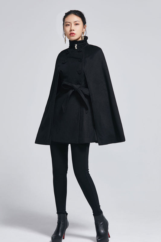 Black wool cape coat with self tie belt 2278