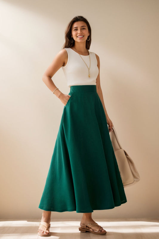 Green Linen Maxi Skirt with pockets 4977