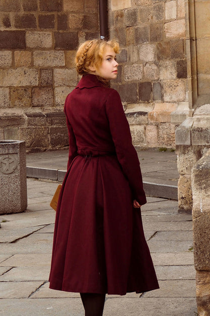 Handmade Burgundy Wool Coat – Vintage Winter Princess Dress Coat 4743