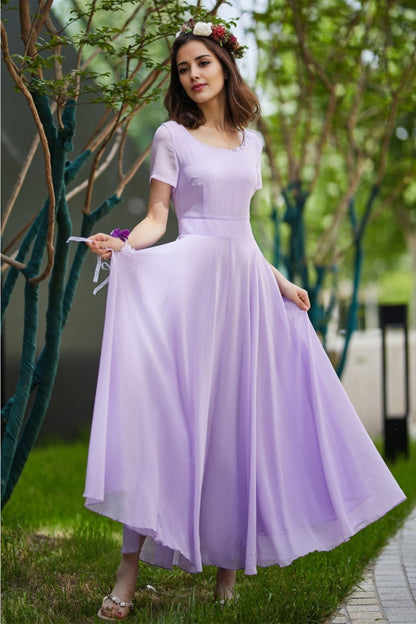 purple chiffon maxi dress, prom wedding dress 5822