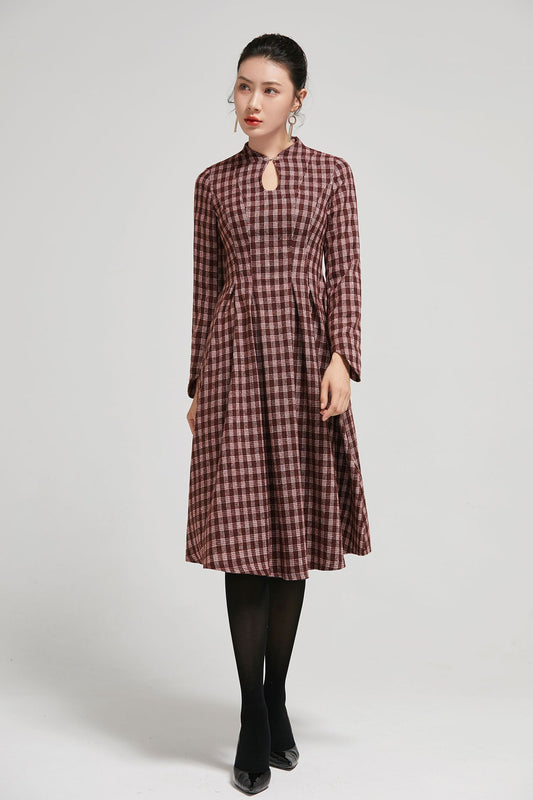 Mandarin collar plaid winter wool dress women 2295