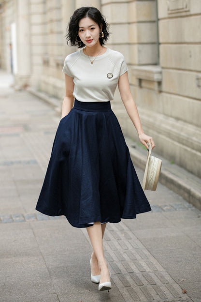Navy Linen Midi Skirt - High Waist A-Line | Xiaolizi 6751