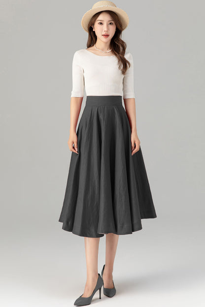 Grey Linen Midi Skirt - High Waist Flared Circle Swing | Xiaolizi 5728