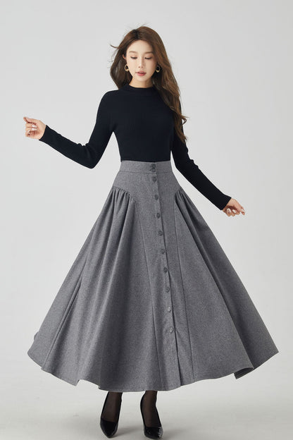 Button down gray maxi wool skirt 4526