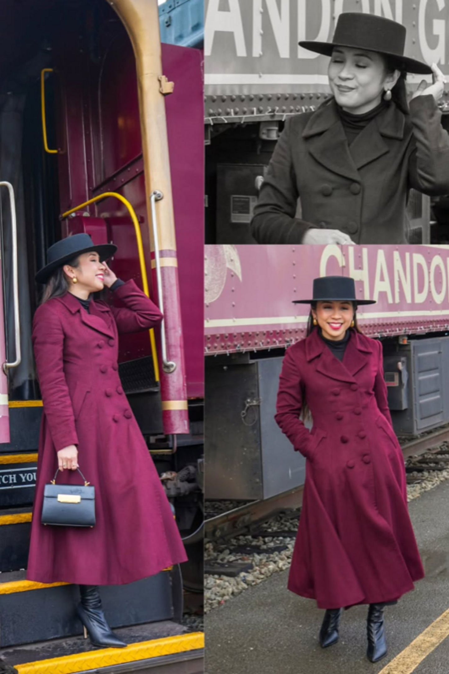 Burgundy Wool Swing Coat – Vintage 1950s Double Breasted Long Overcoat 6678
