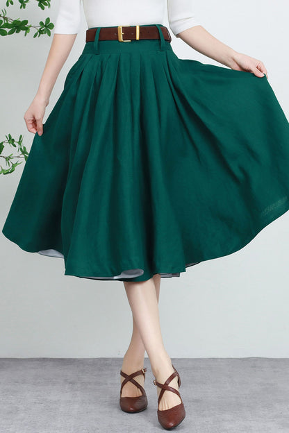 Emerald Green Linen Midi Skirt - Pleated High Waist Swing 5737