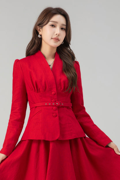 Linen Two-Piece Set - Vintage Blazer & Circle Midi Skirt | Xiaolizi 5759