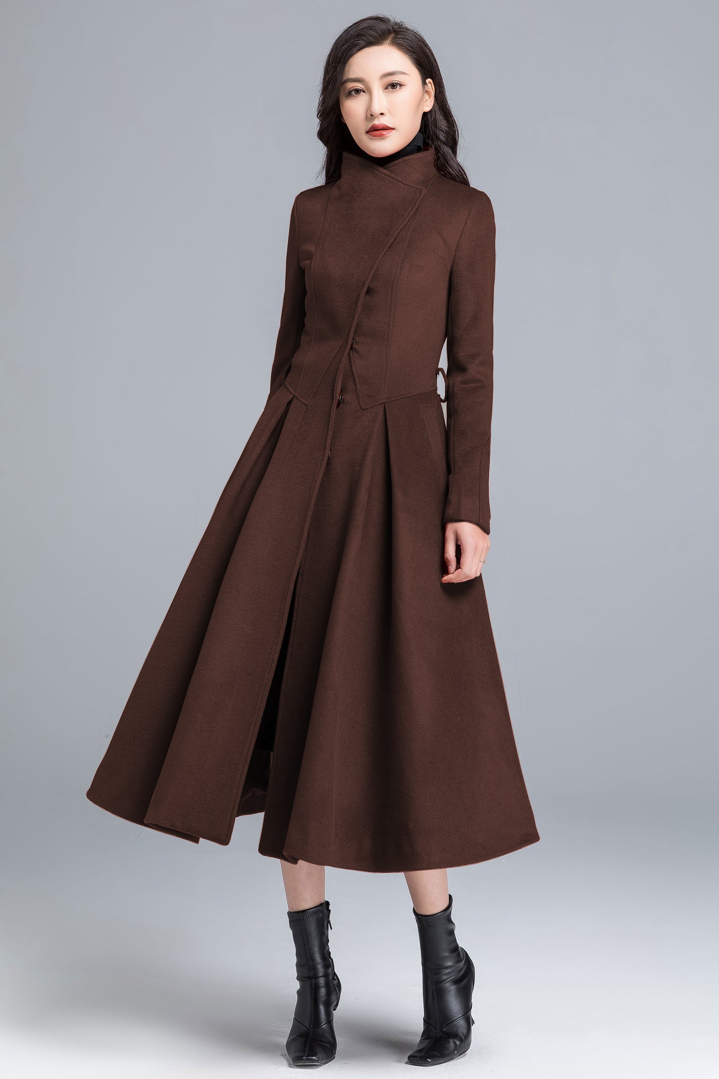 Vintage Wool Blend Coat – Handmade Brown Long Winter Coat with Belt | Xiaolizi 6303