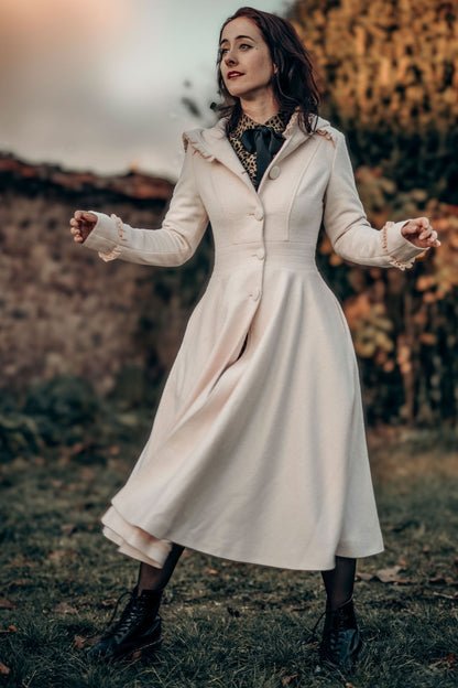 Handmade Pink Wool Coat – Hooded Fit & Flare Winter Swing Overcoat | Xiaolizi 3260